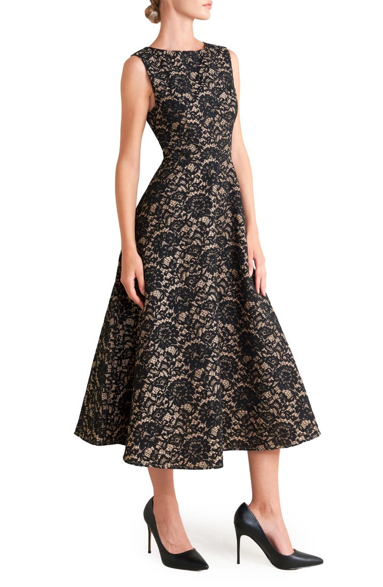 FREEMARKET Sleeveless Cotton Blend Lace Fit & Flare Midi Dress, Alternate, color, Black/ Camel