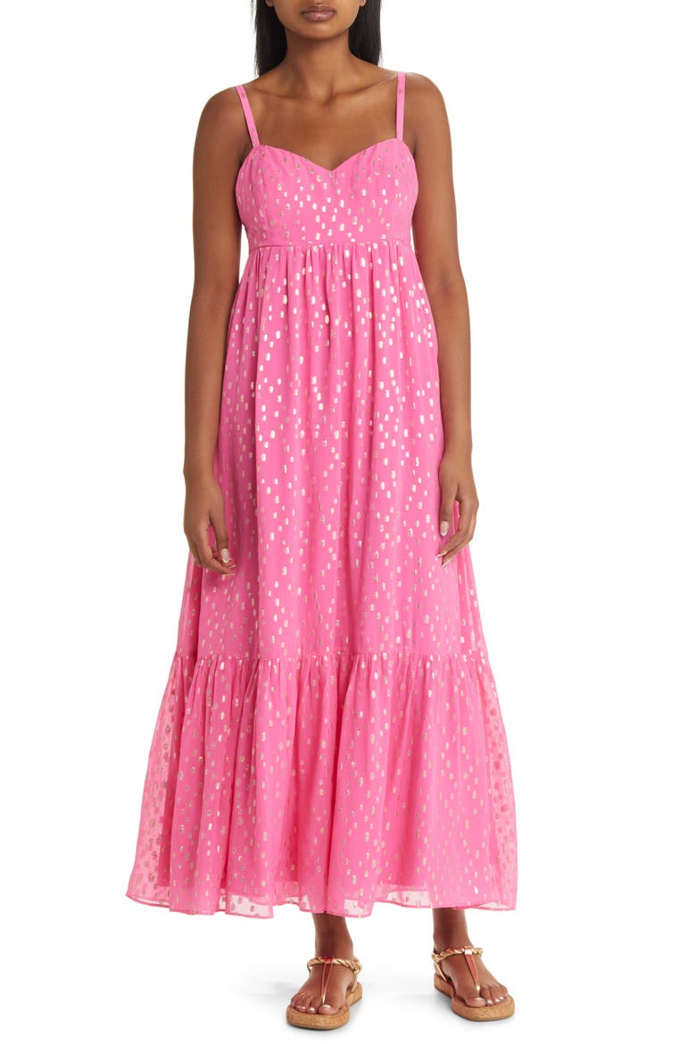Heidi Metallic Print Maxi Sundress, Main, color, AURA PINK