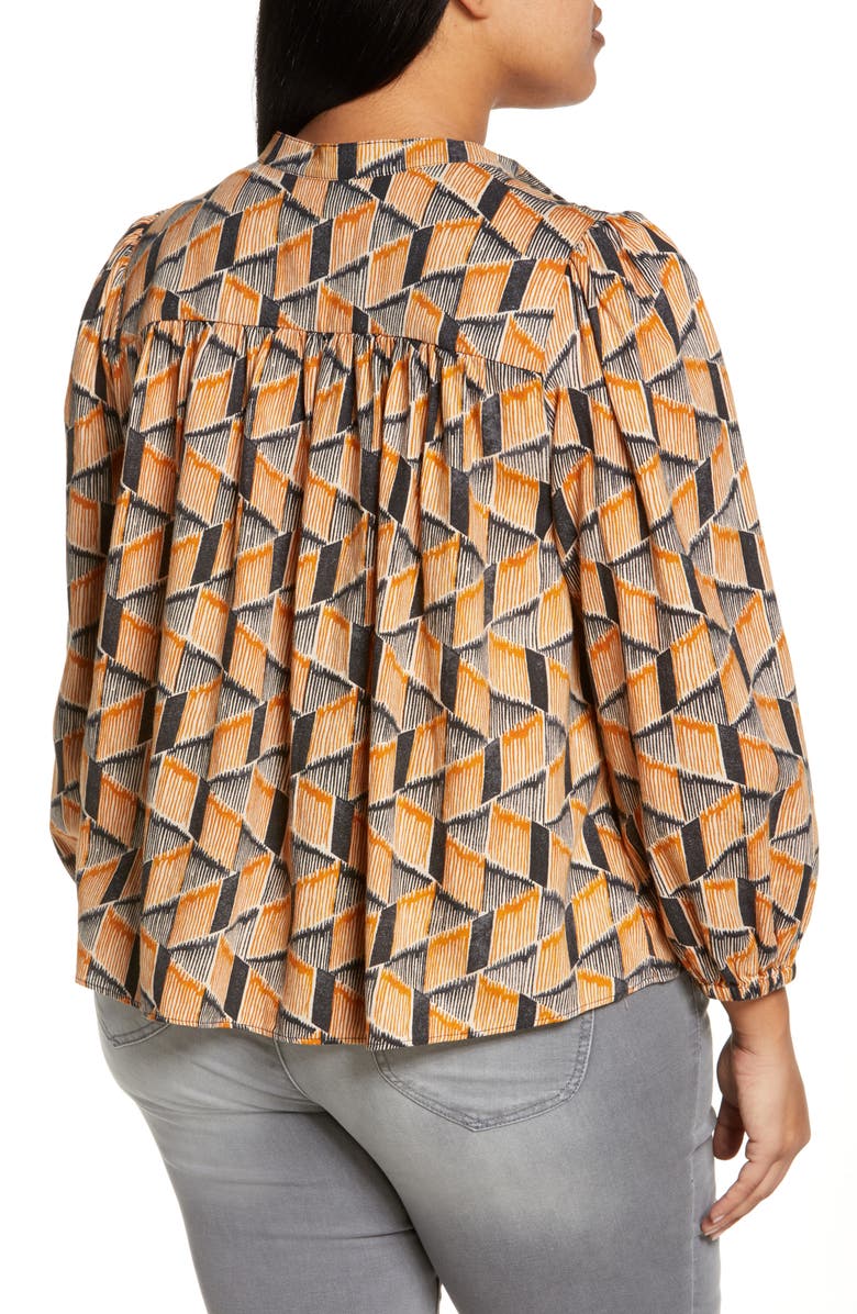 Treasure & Bond Balloon Sleeve Cotton Blouse, Alternate, color, Grey- Brown Geo Stripe