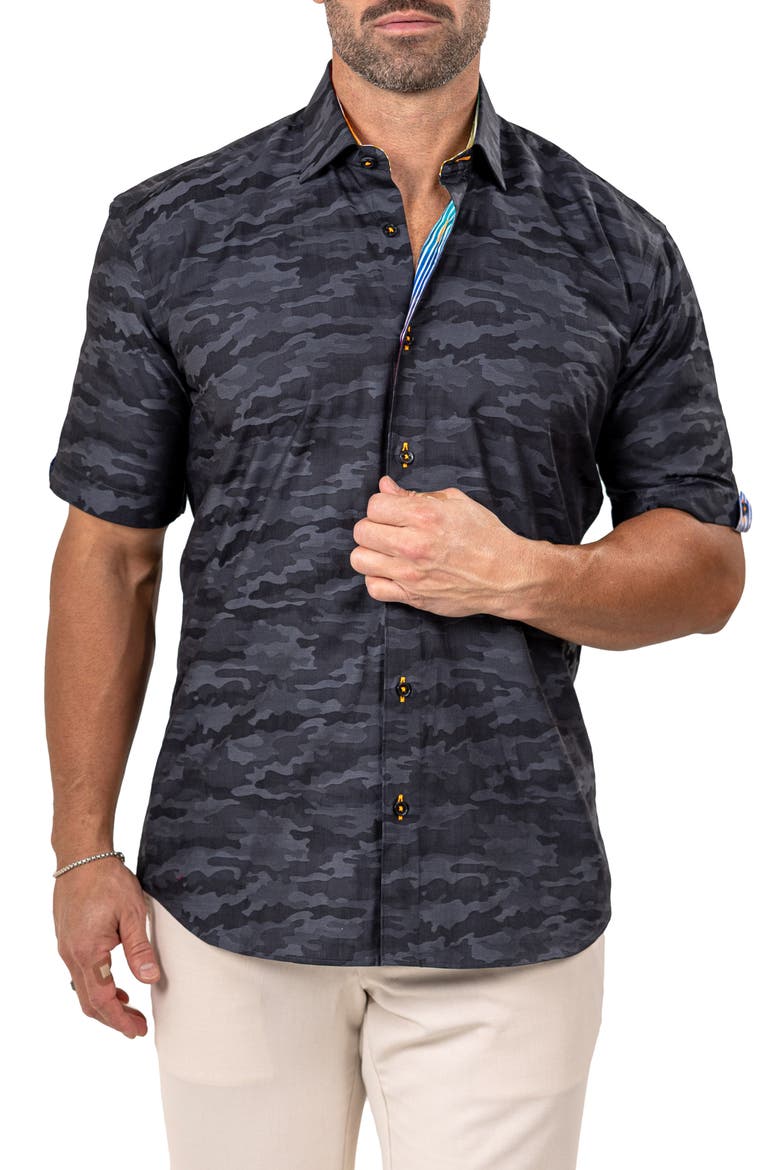 Galileo Marthy Short Sleeve Cotton Button-Up Shirt, Alternate, color, BLACK