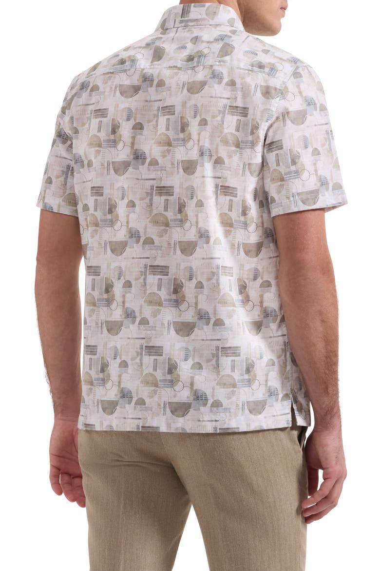 Vero Shaped Fit Geometric Print Short Sleeve Button-Up Shirt, Alternate, color, KHAKI