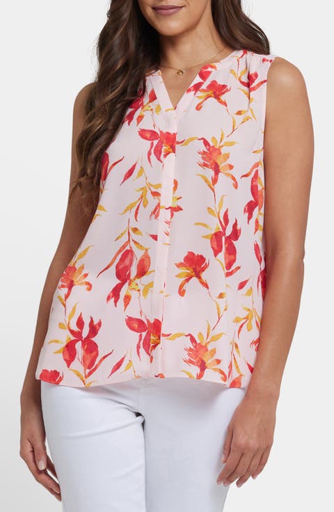 Print Pleat Back Sleeveless Split Neck Blouse (Regular & Petite) (Nordstrom Exclusive)