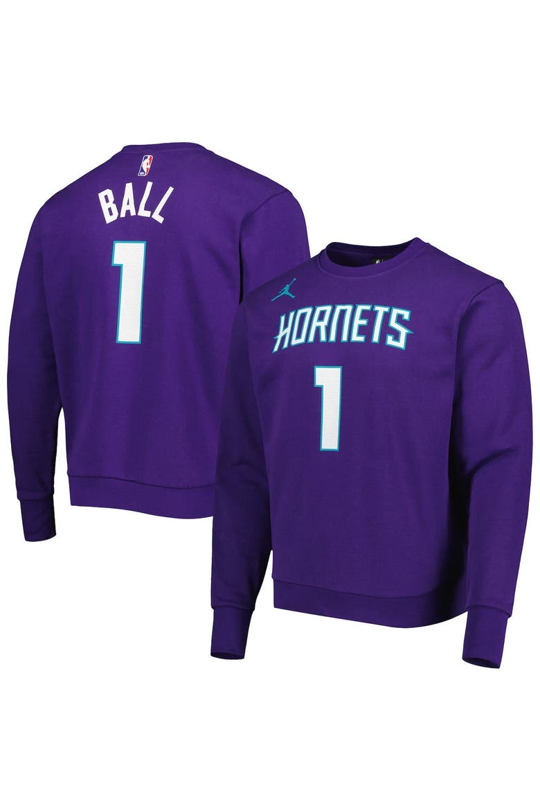 Men's Jordan Brand LaMelo Ball Purple Charlotte Hornets Statement Name & Number Pullover Sweatshirt, Main, color, Purple