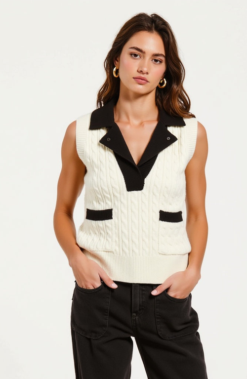 Modenaire Sleeveless Cable Knit Vest With Contrast Collar And Pocket Accents