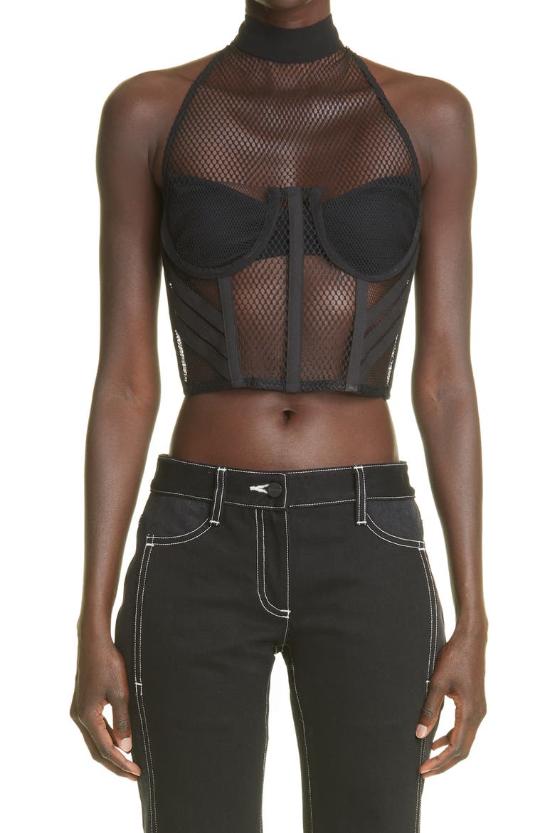 Halter Neck Mesh Bralette Top, Main, color, BLACK