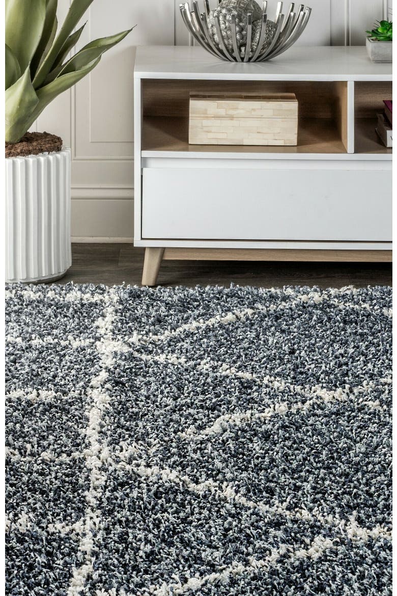 Mercer Shag Plush Tassel Moroccan Geometric Area Rug, Alternate, color, Blue/Cream