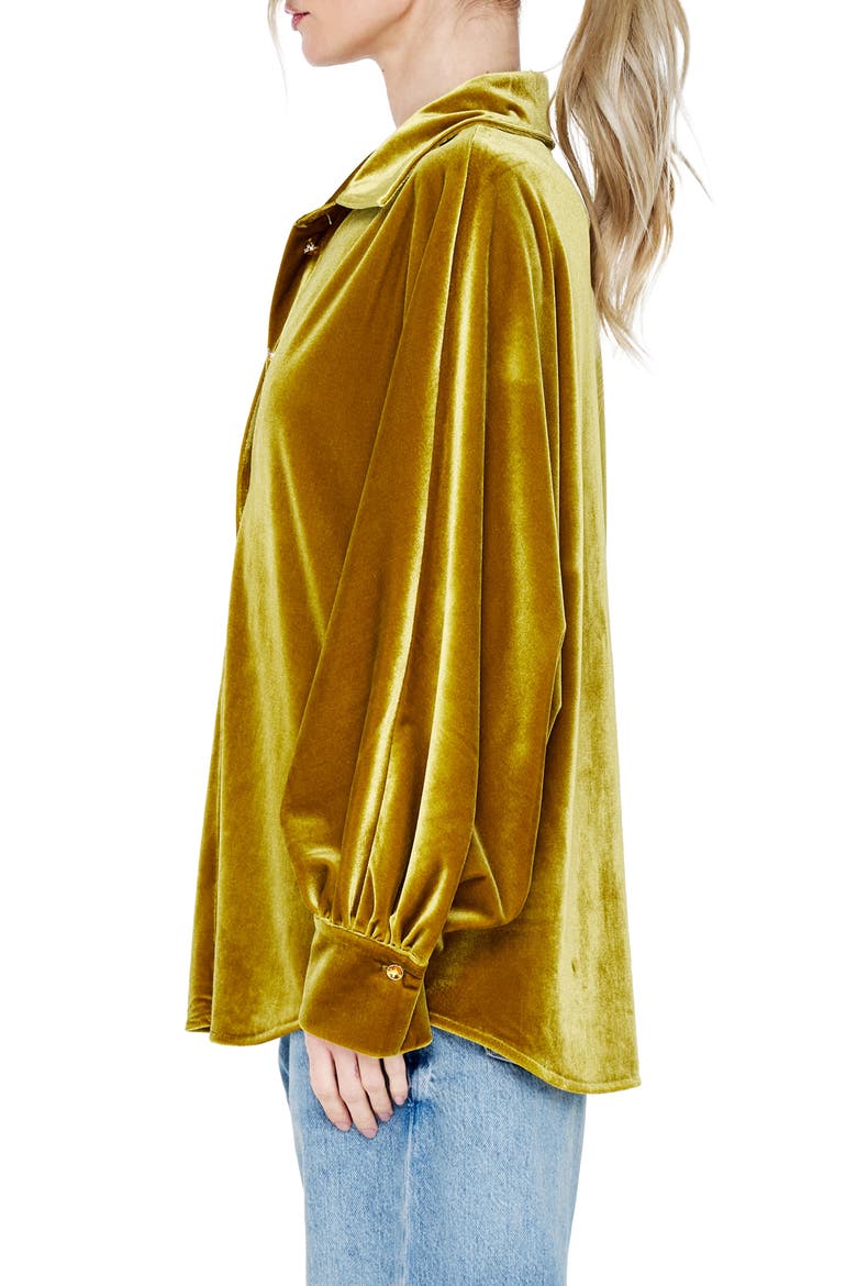 Amira Oversized Stretch Velvet Shirt, Alternate, color, CELERY