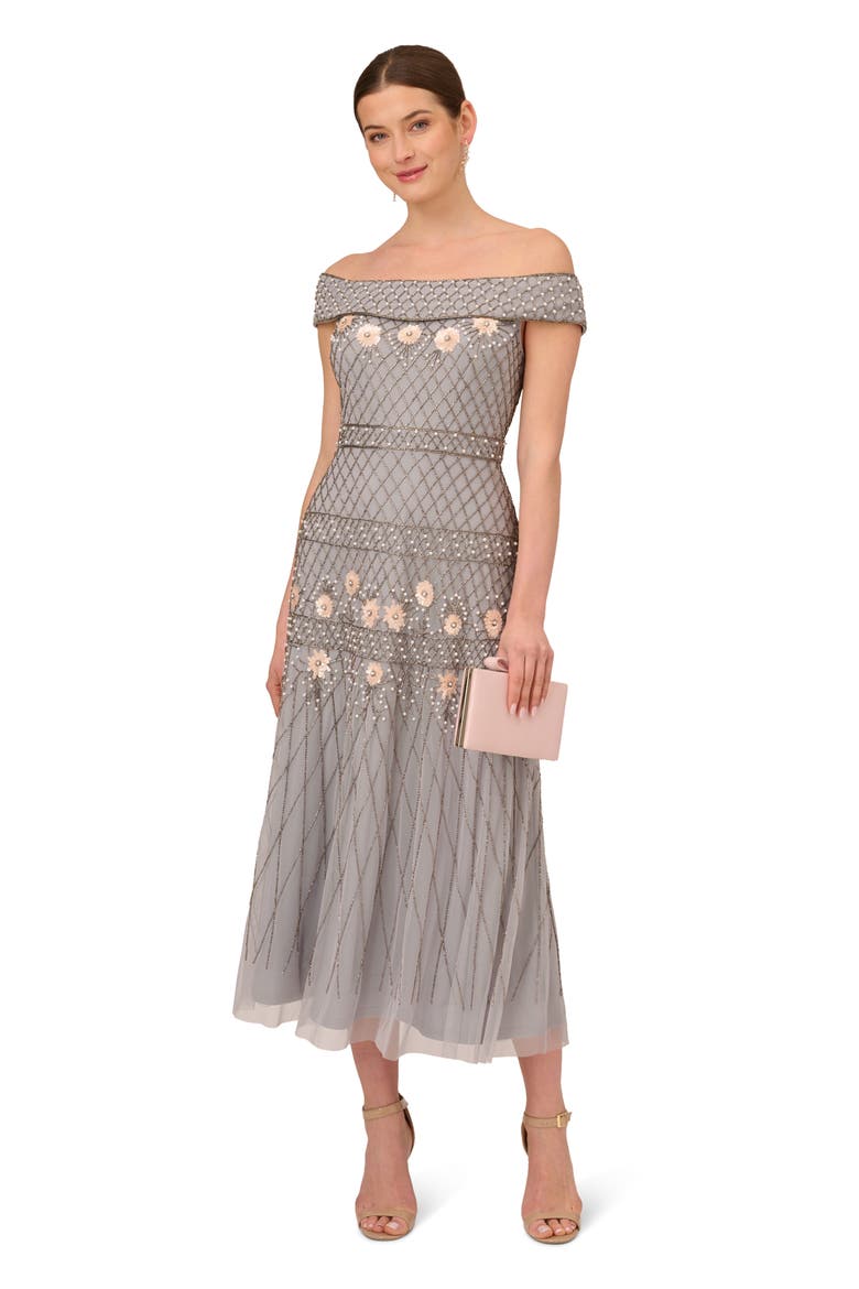 Beaded Off the Shoulder Cocktail Dress, Alternate, color, SILVER MIST