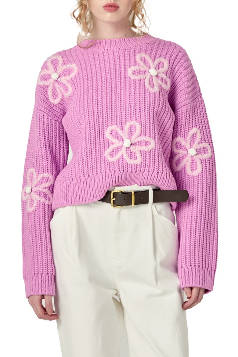 Flower Embroidered Crewneck Sweater, Main, color, PINK