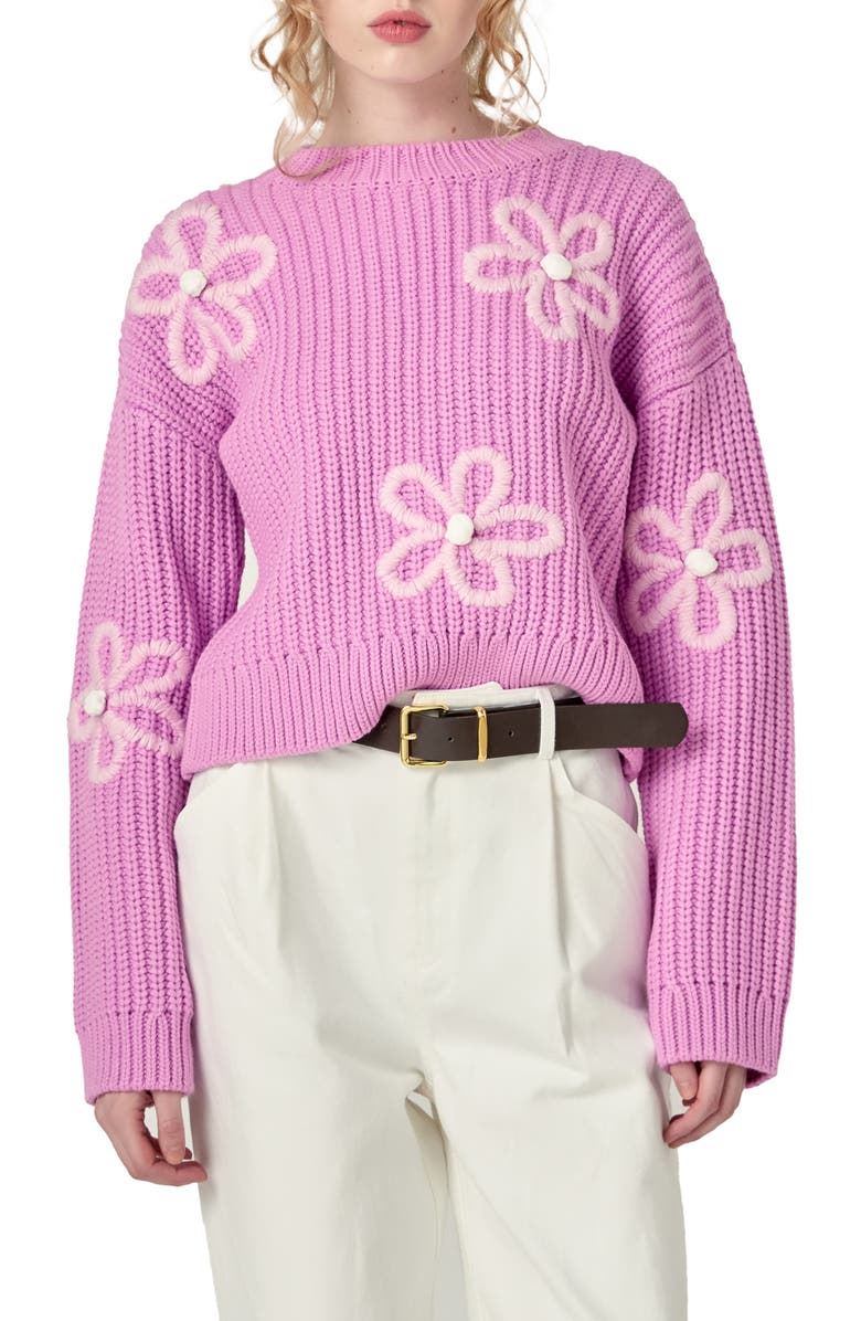 English Factory Flower Embroidered Crewneck Sweater, Main, color, Pink