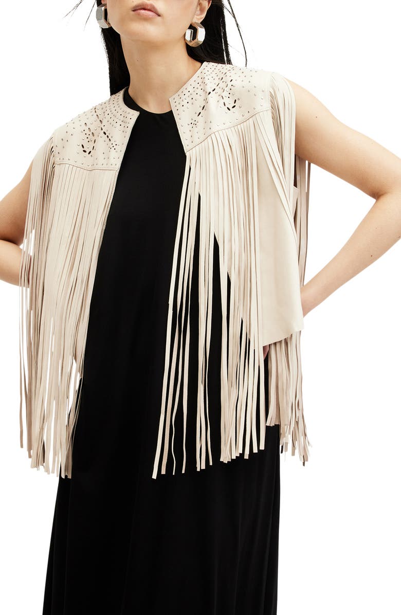 AllSaints Elias Astral Leather Fringe Vest, Alternate, color, Off White