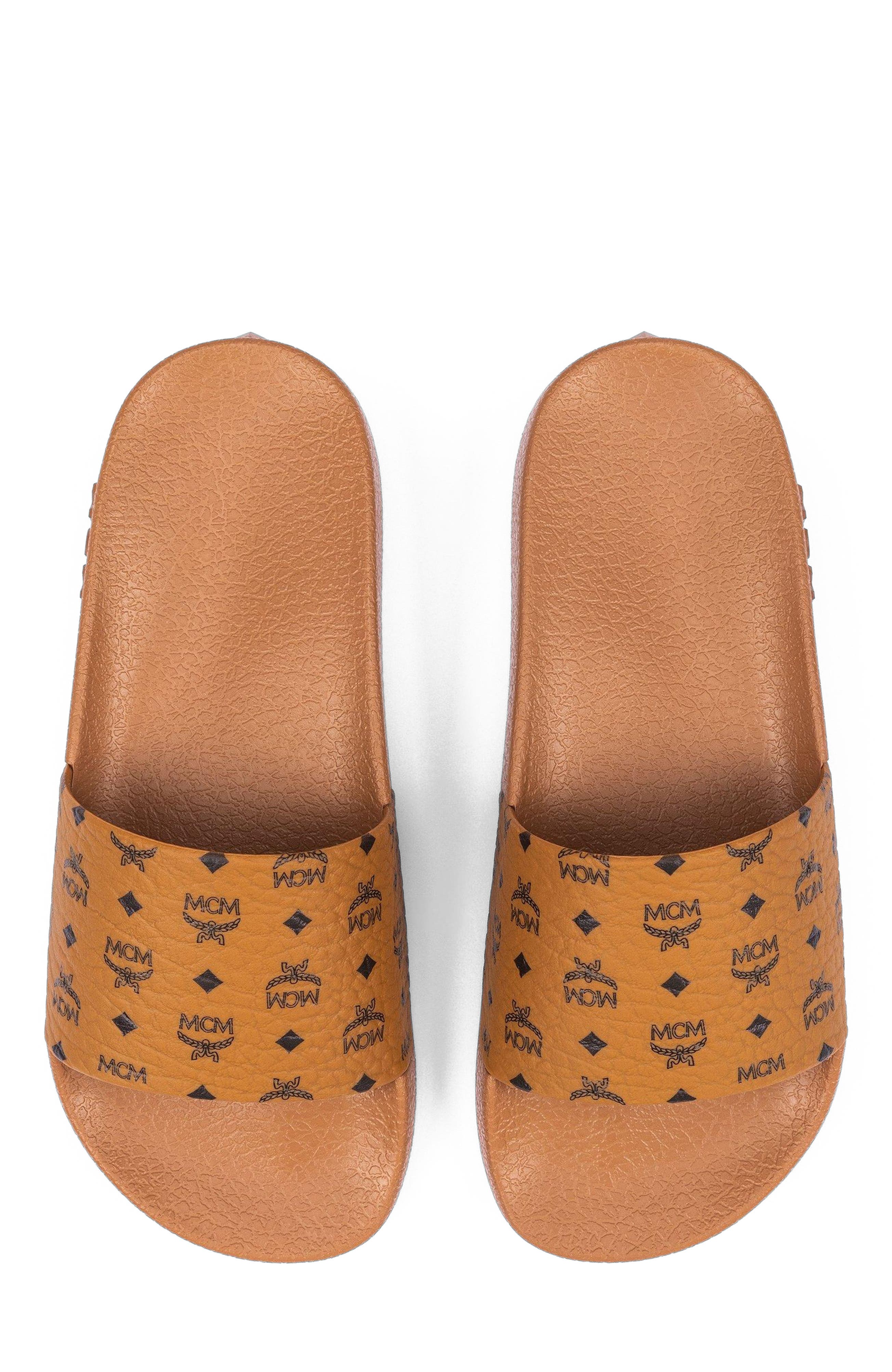 MCM Monogram Print Rubber Slides, Alternate, color, Cognac