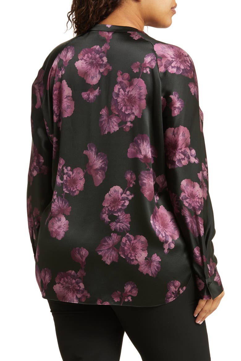 Begonia Print Silk Popover Top, Alternate, color, BLACK/ WINE
