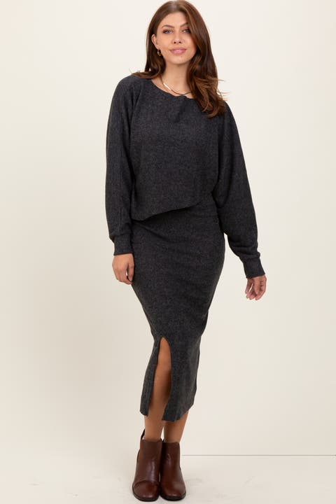 Ribbed Knit Asymmetric Top Midi Skirt Set