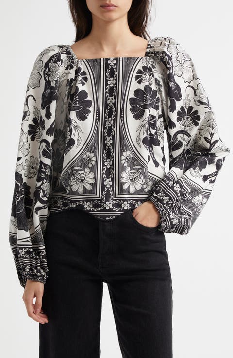 Placed Floral Print Long Sleeve Cotton Top
