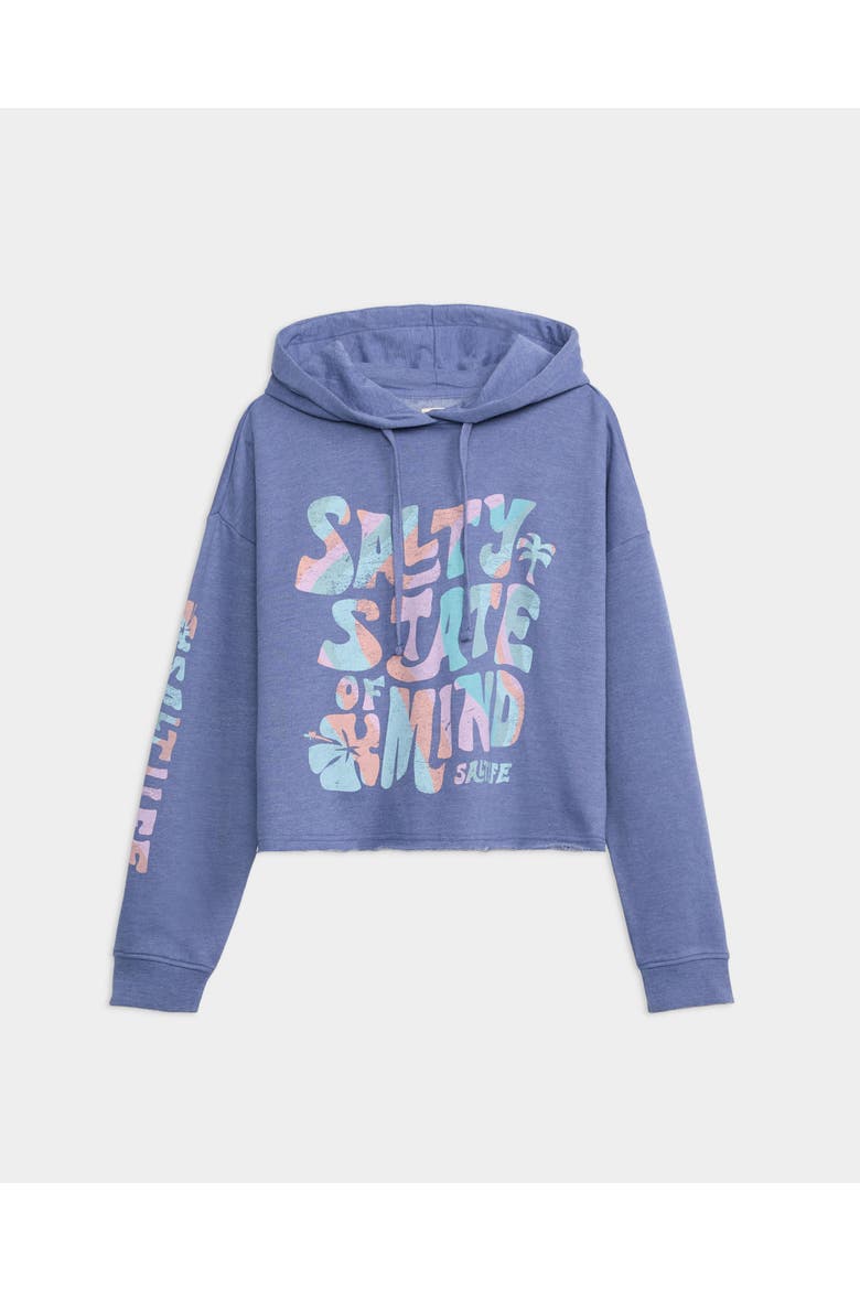 Salty Mind Long Sleeve Ocean Wash Fleece Cropped Hoodie, Main, color, Indigo