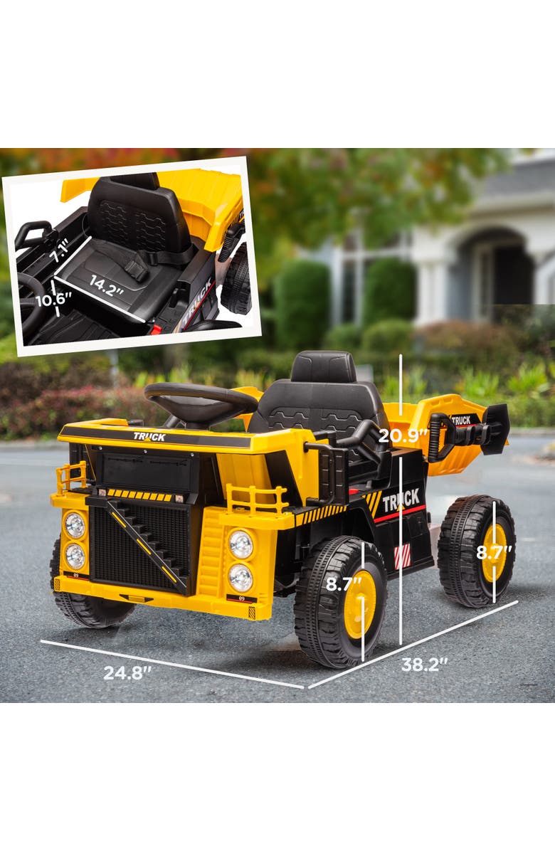 Qaba 12V Kids Ride on Dump Truck w/ Electric Dump Bed, Shovel, Alternate, color, Yellow