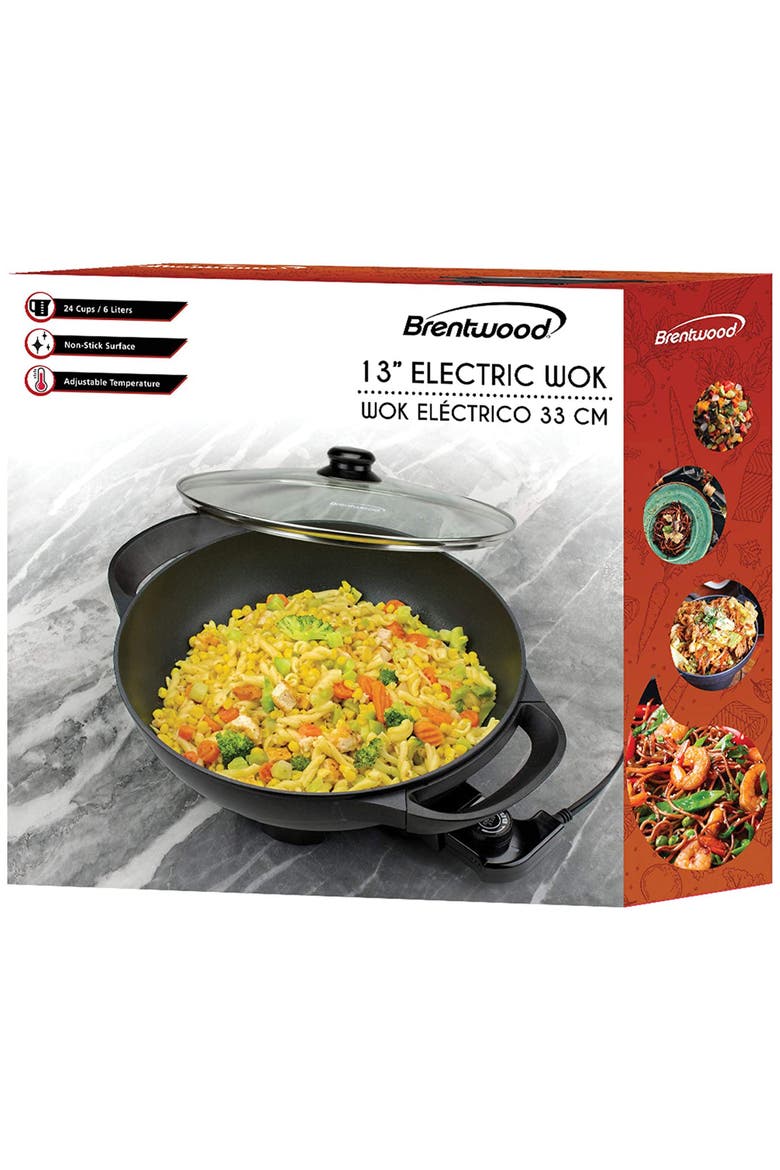 13" Flat Bottom Electric Wok Skillet w/ Glass Lid Black, Alternate, color, Black
