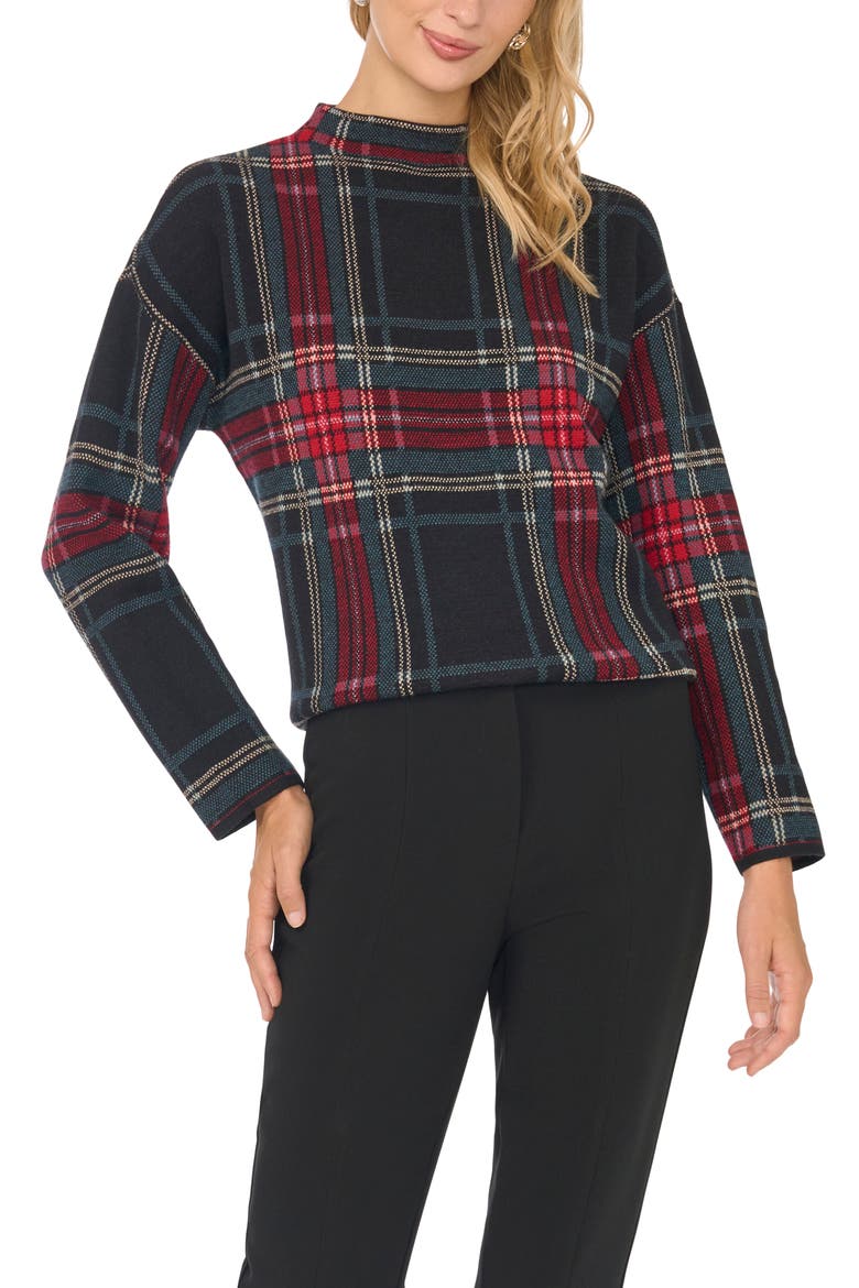 Plaid Mock Neck Sweater, Main, color, RICH BLACK