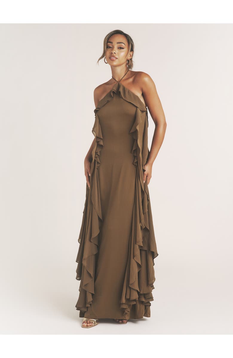 Six Stories Whitney Ruffle Halter Neck Maxi Dress, Alternate, color, Olive