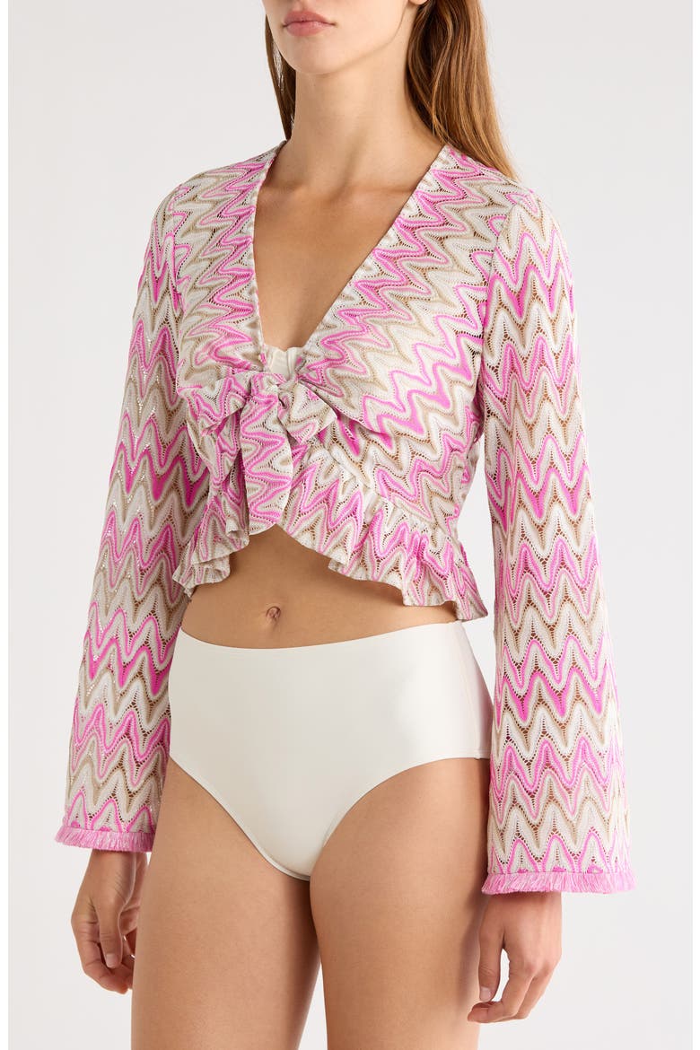Kai Tie Metallic Front Long Sleeve Crop Cover-Up Top, Alternate, color, RADIANT PINK ZIGZAG