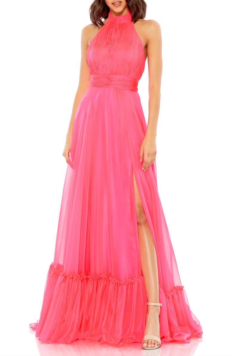 Mac Duggal High Neck Tiered Chiffon Halter Gown, Main, color, Hot Pink
