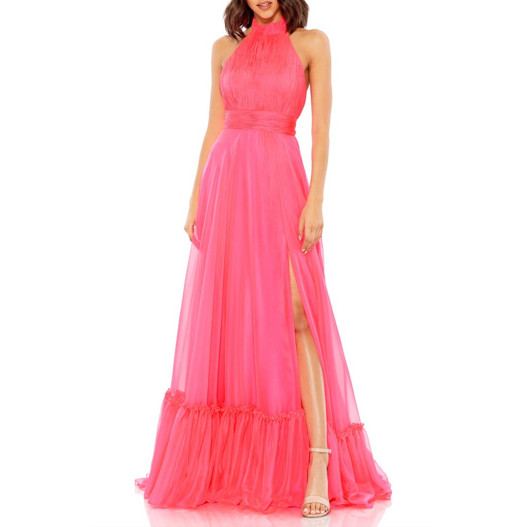 Mac Duggal High Neck Tiered Chiffon Halter Gown In Hot Pink