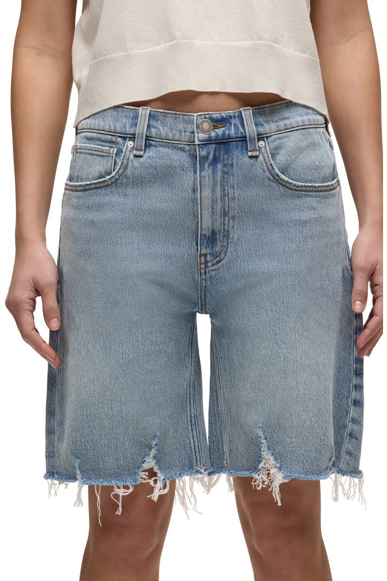 London Frayed Low Rise Long Denim Shorts, Alternate, color, BLUE EYES