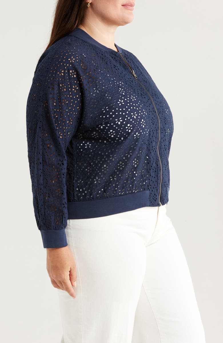Caslon<sup>®</sup> Embroidered Eyelet Cotton Zip-Up Bomber Jacket, Alternate, color, Navy Blazer