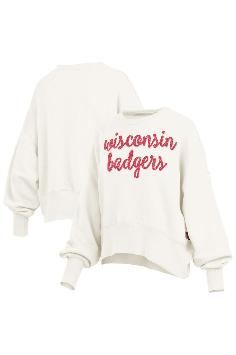 Women's Pressbox Cream Wisconsin Badgers Oversized Chelsea Waist Length Pullover Sweatshirt, Main, color, Cream
