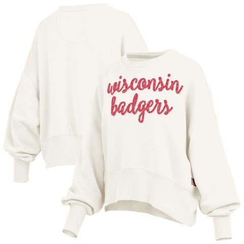 Women's Pressbox Cream Wisconsin Badgers Oversized Chelsea Waist Length Pullover Sweatshirt