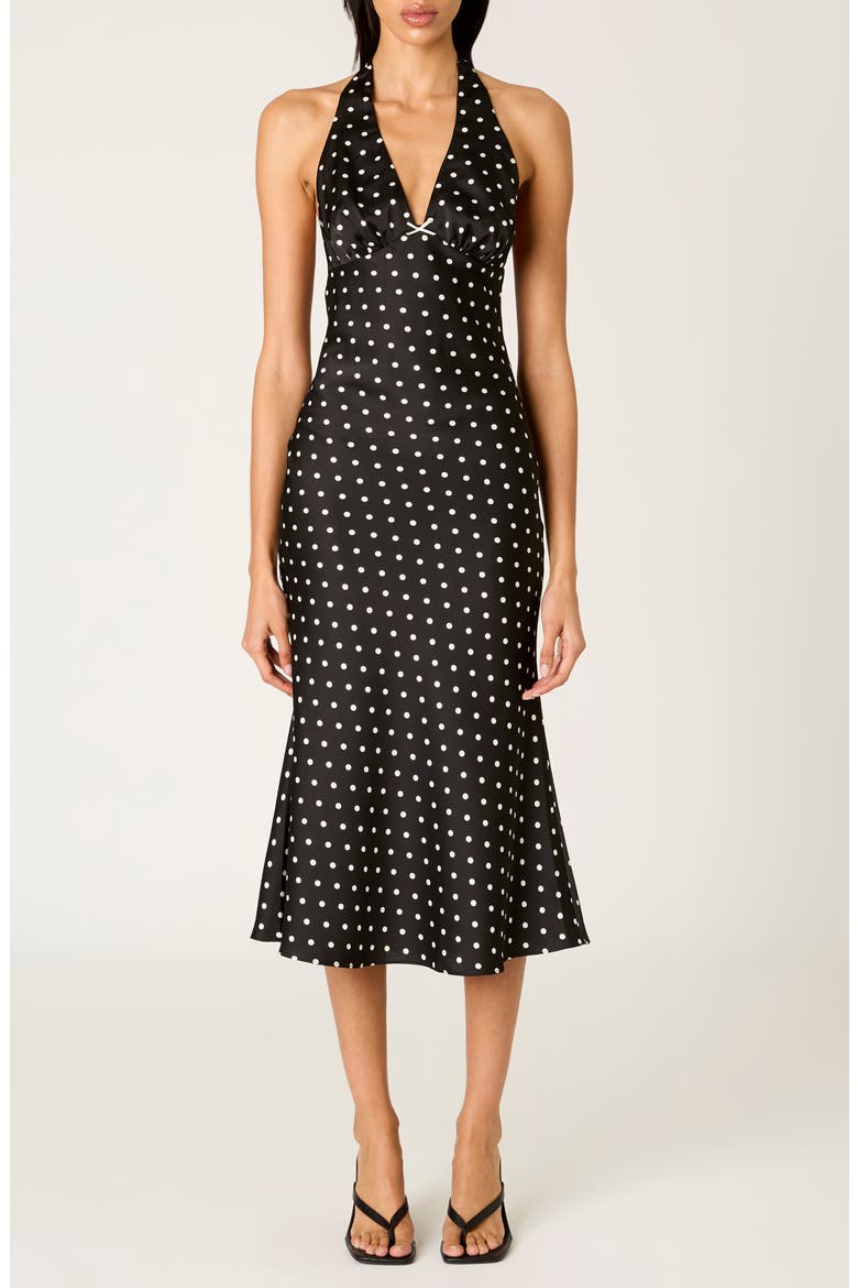 La Brea Polka Dot Halter Neck Slipdress, Main, color, BLACK