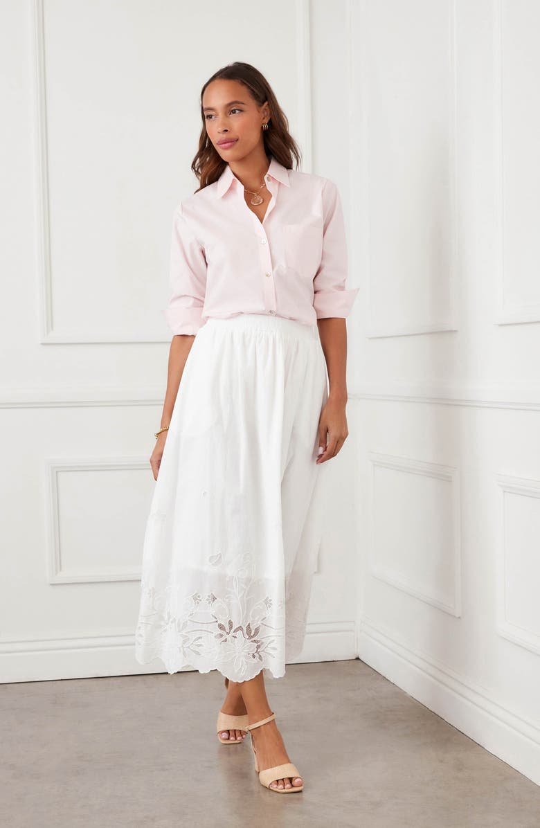 Karen Kane Embroidered Eyelet Cotton Midi Skirt, Alternate, color, Off White