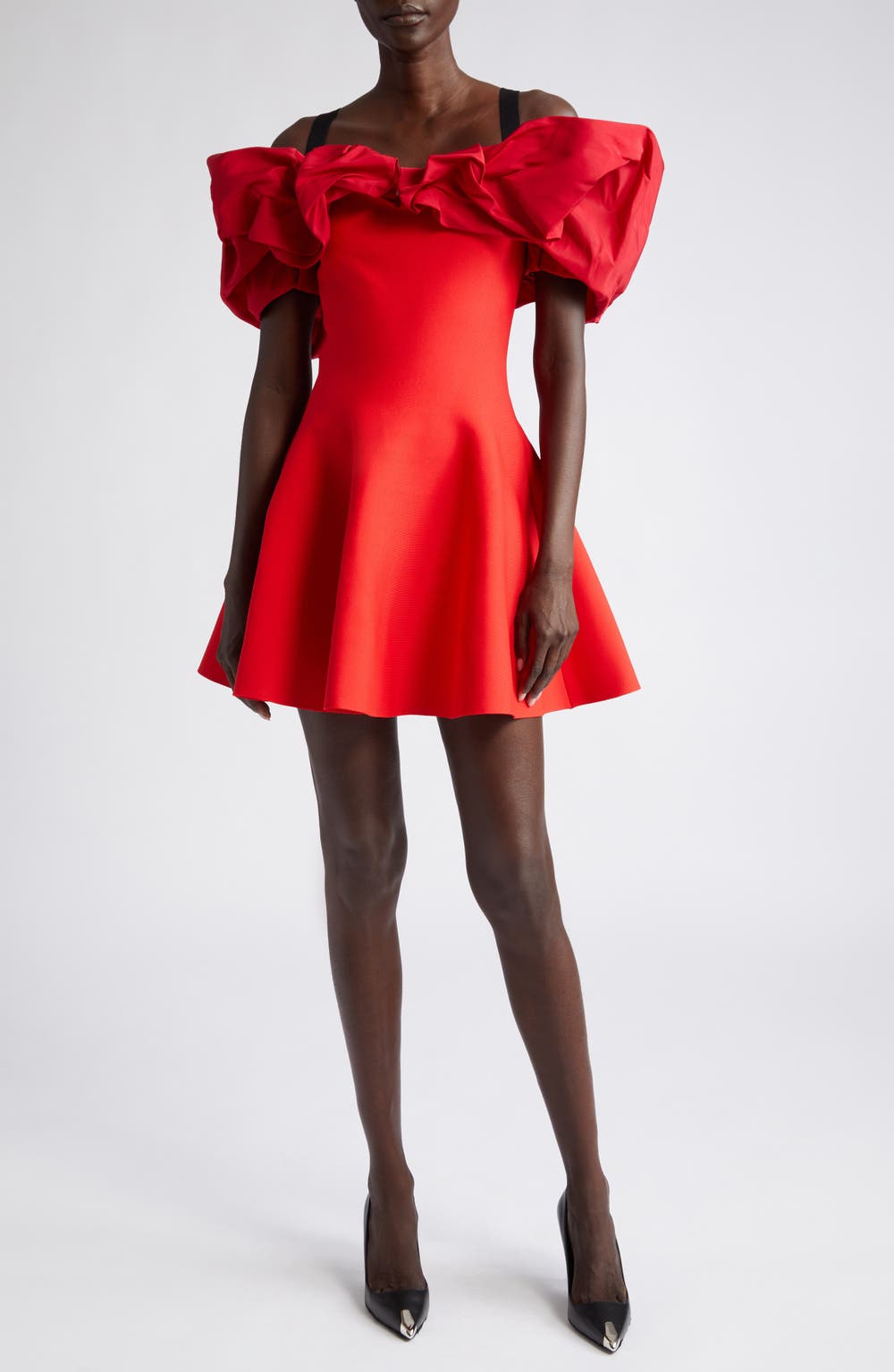 Ruffle Cold Shoulder Minidress, color, 6093 RED/ RED/ BLACK