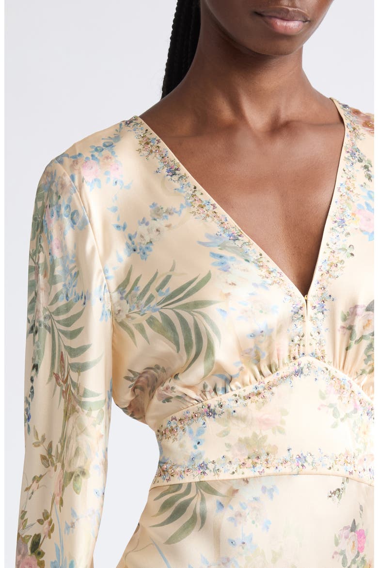 Crystal Embellished Floral Long Sleeve Silk Charmeuse V-Neck Dress, Alternate, color, MIDSUMMER MASTERPIECE