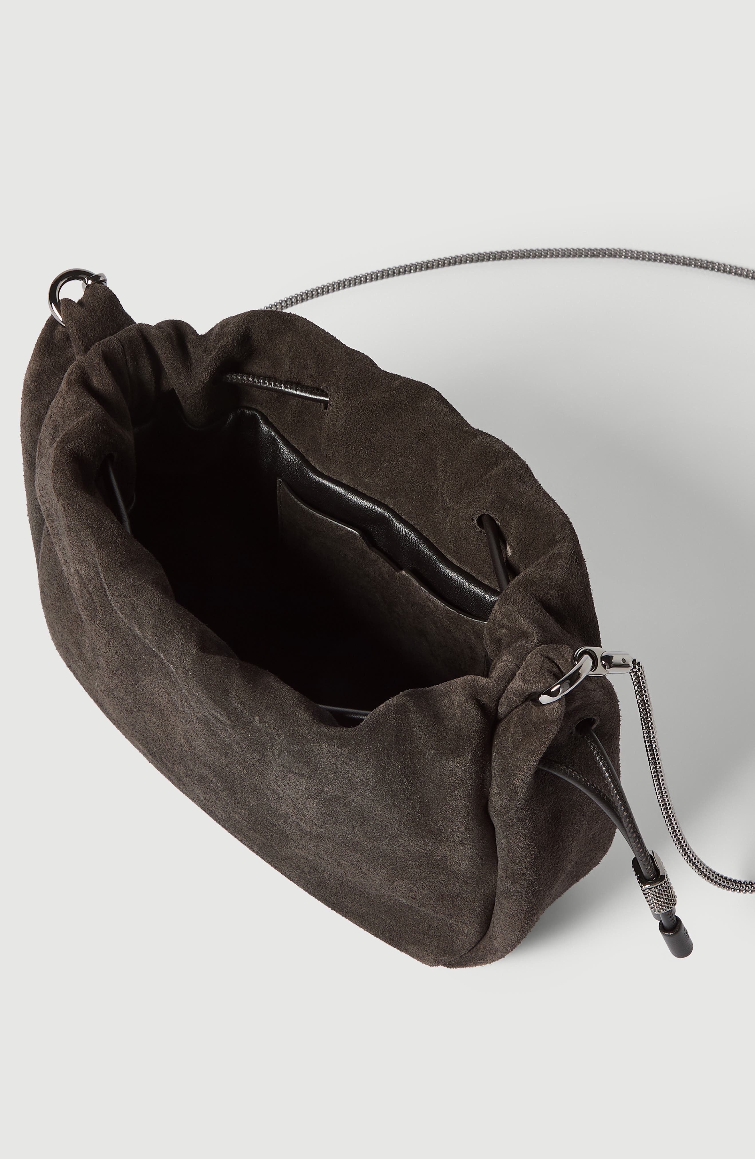 Mellow mini bucket bag in suede with precious chain, Alternate, color, Pepper