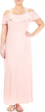 Nina Leonard Ruffle Cold Shoulder Maxi Dress