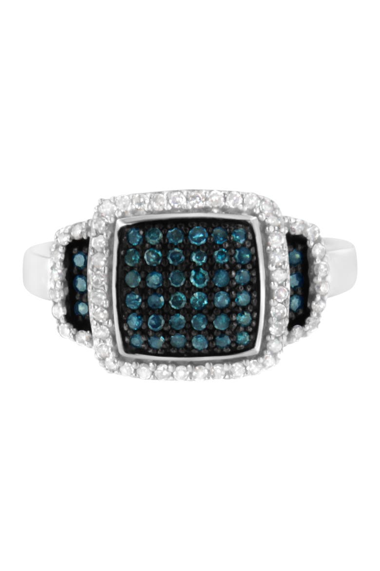 Black Rhodium Plated Silver 1/2 Cttw White & Blue Diamond Square Cocktail Ring, Main, color, White
