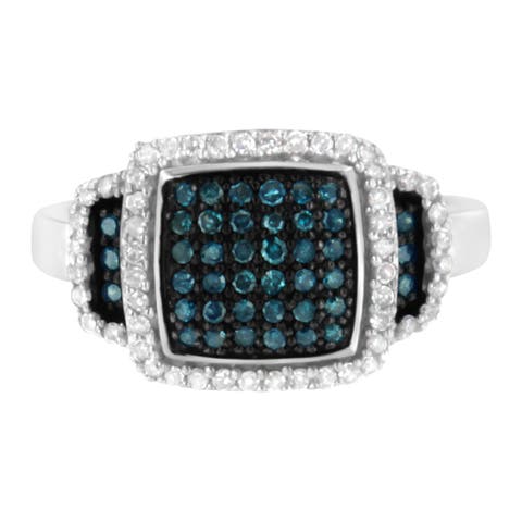 Black Rhodium Plated Silver 1/2 Cttw White & Blue Diamond Square Cocktail Ring