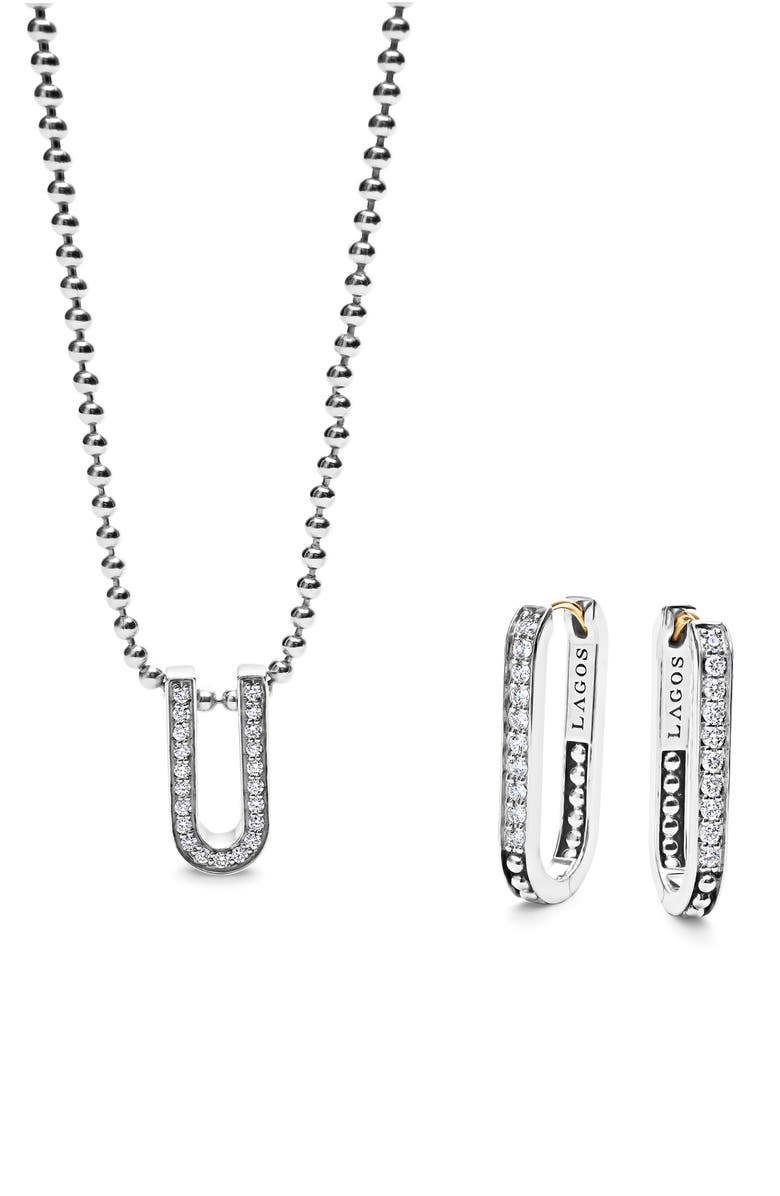 LAGOS Caviar Spark Diamond Pendant Necklace & Earrings Set, Main, color, Silver