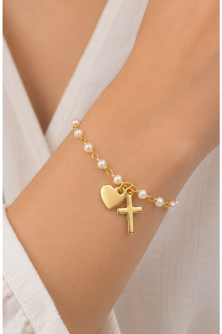 Cross and Heart Charm Rosary Bracelet, Alternate, color, White