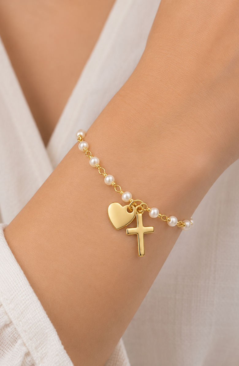 Emma Rae Cross and Heart Charm Rosary Bracelet, Alternate, color, White