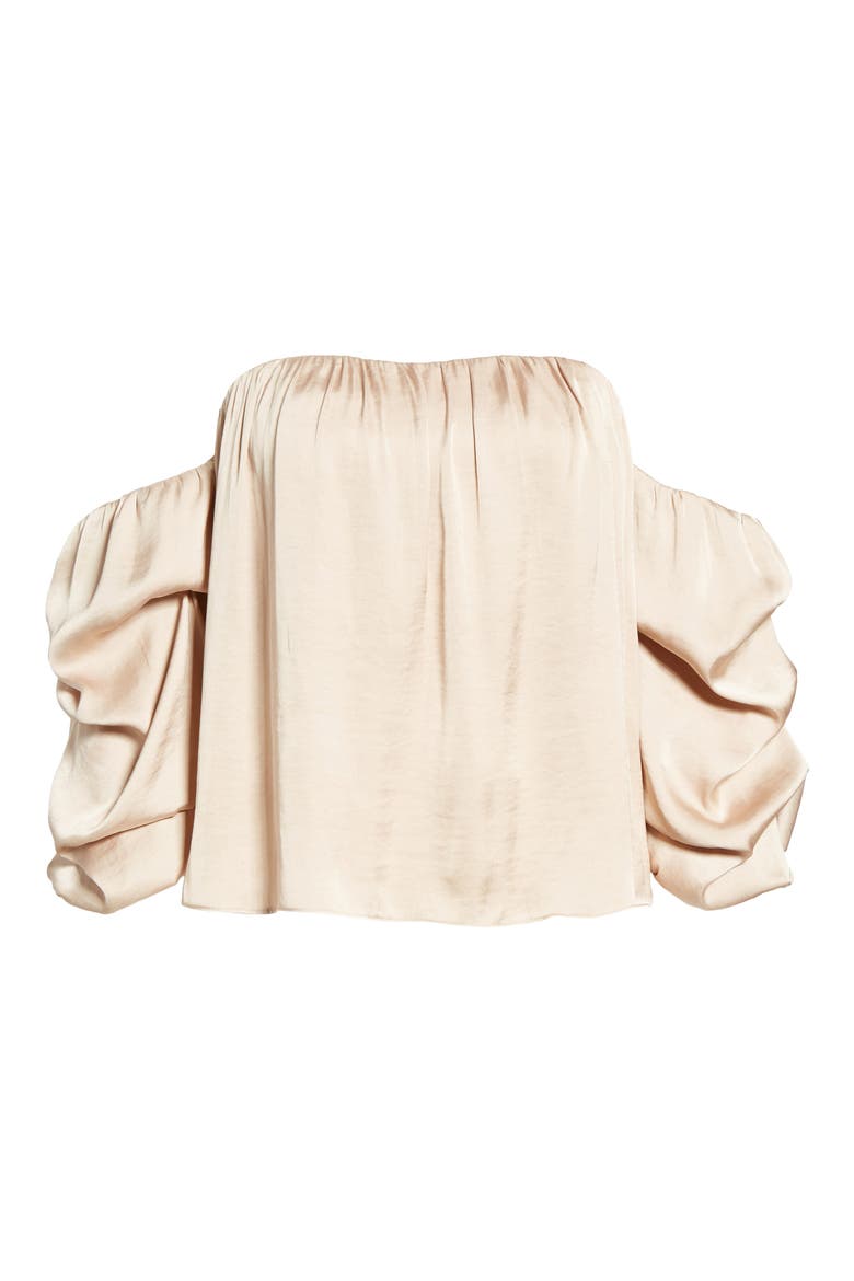 Gathered Satin Off-the-Shoulder Top, Alternate, color, TAN WARM