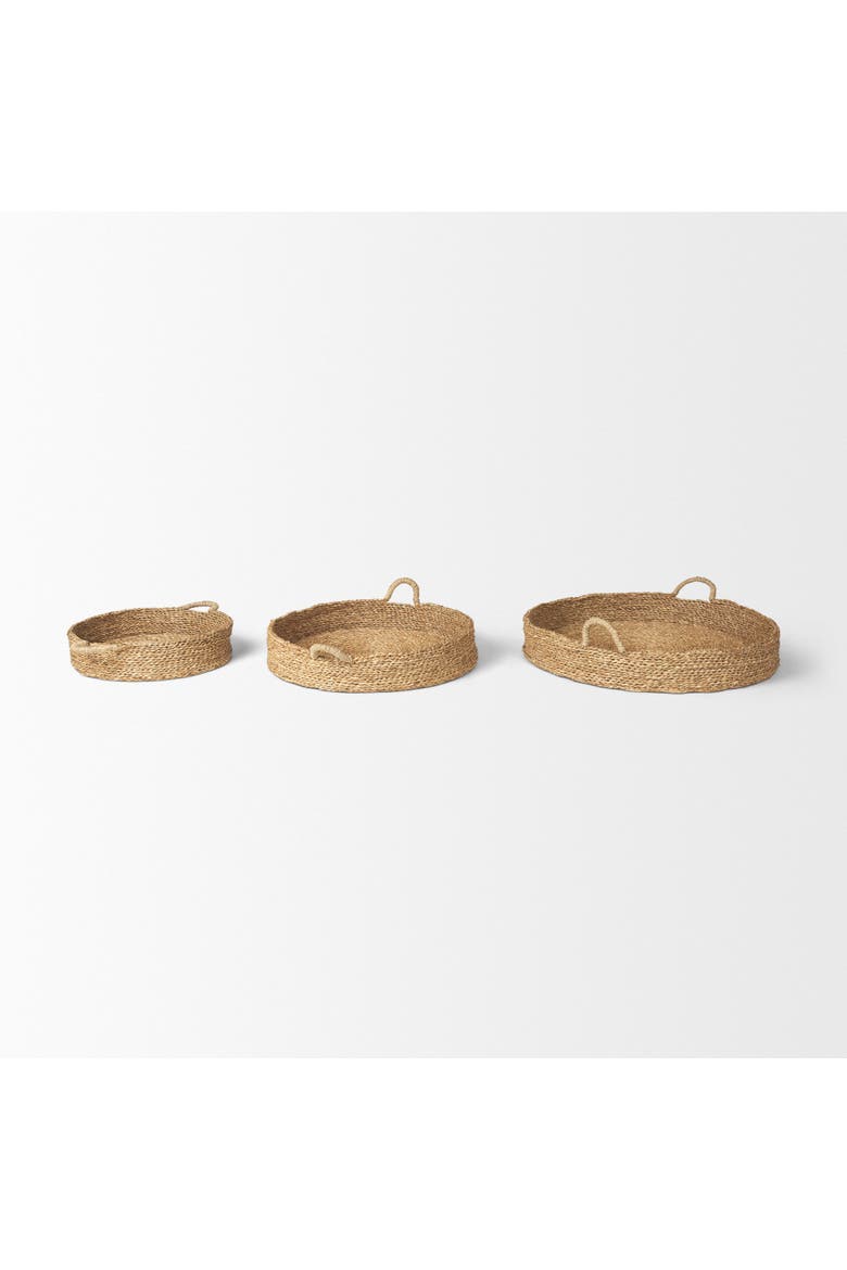 Ulana Set of 3 Round Nesting Seagrass Trays w/ Handles, Alternate, color, Brown