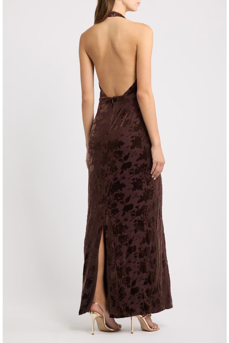 Floral Burnout Halter Neck Maxi Dress, Alternate, color, COFFEE BEAN