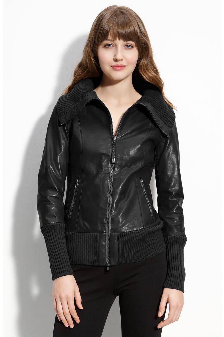 Knit Trim Lambskin Leather Bomber Jacket, Main, color, BLACK