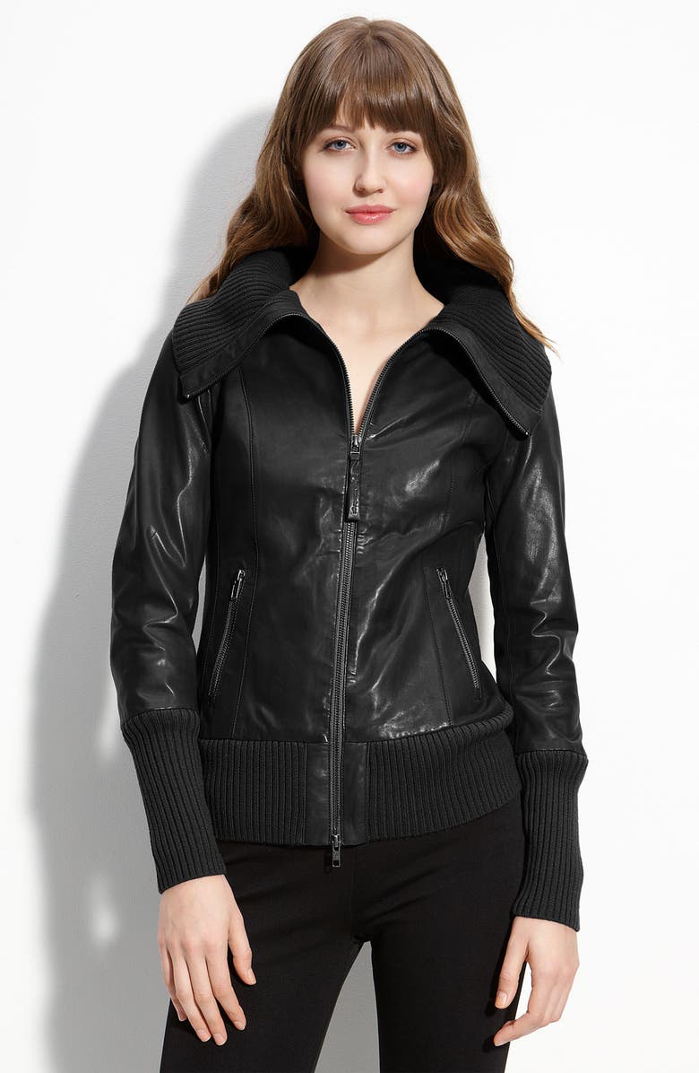 Mackage Knit Trim Lambskin Leather Bomber Jacket, Main, color,