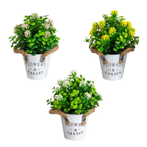 8-in Artificial Blooming Plant in Rustic Flowers & Garden Planter - Set of 3