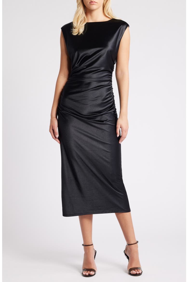 Metallic Satin Midi Dress, Main, color, BLACK