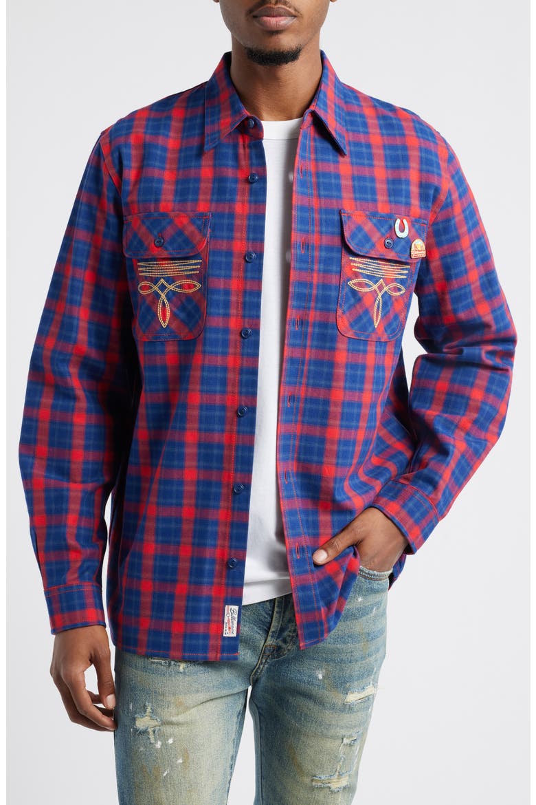 Dust Embroidered Plaid Flannel Button-Up Shirt, Main, color, RACING RED